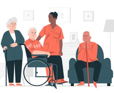 Zeichnung von Senioren und einer pflegenden Person